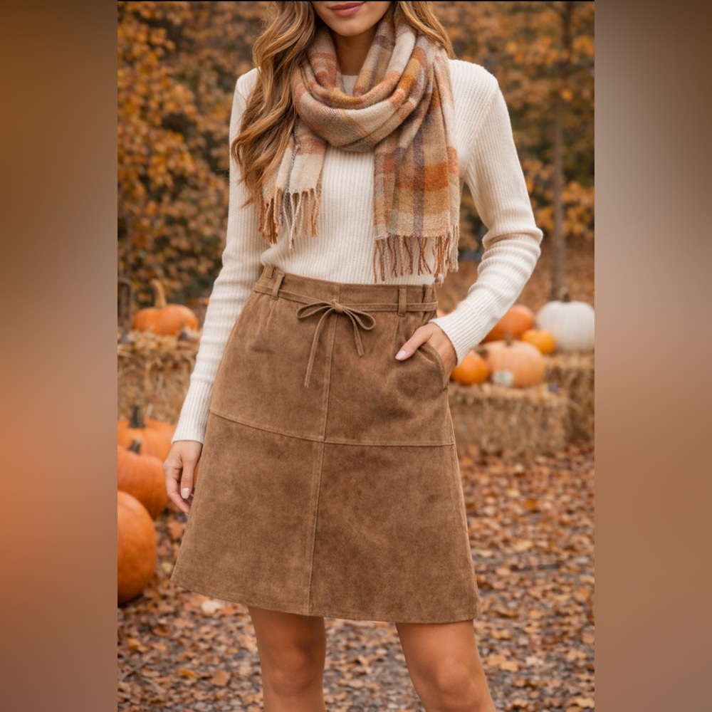 New! Isaac Mizrahi For Target 100% Suede Leather Skirt Camel Tan Brown Sz 10